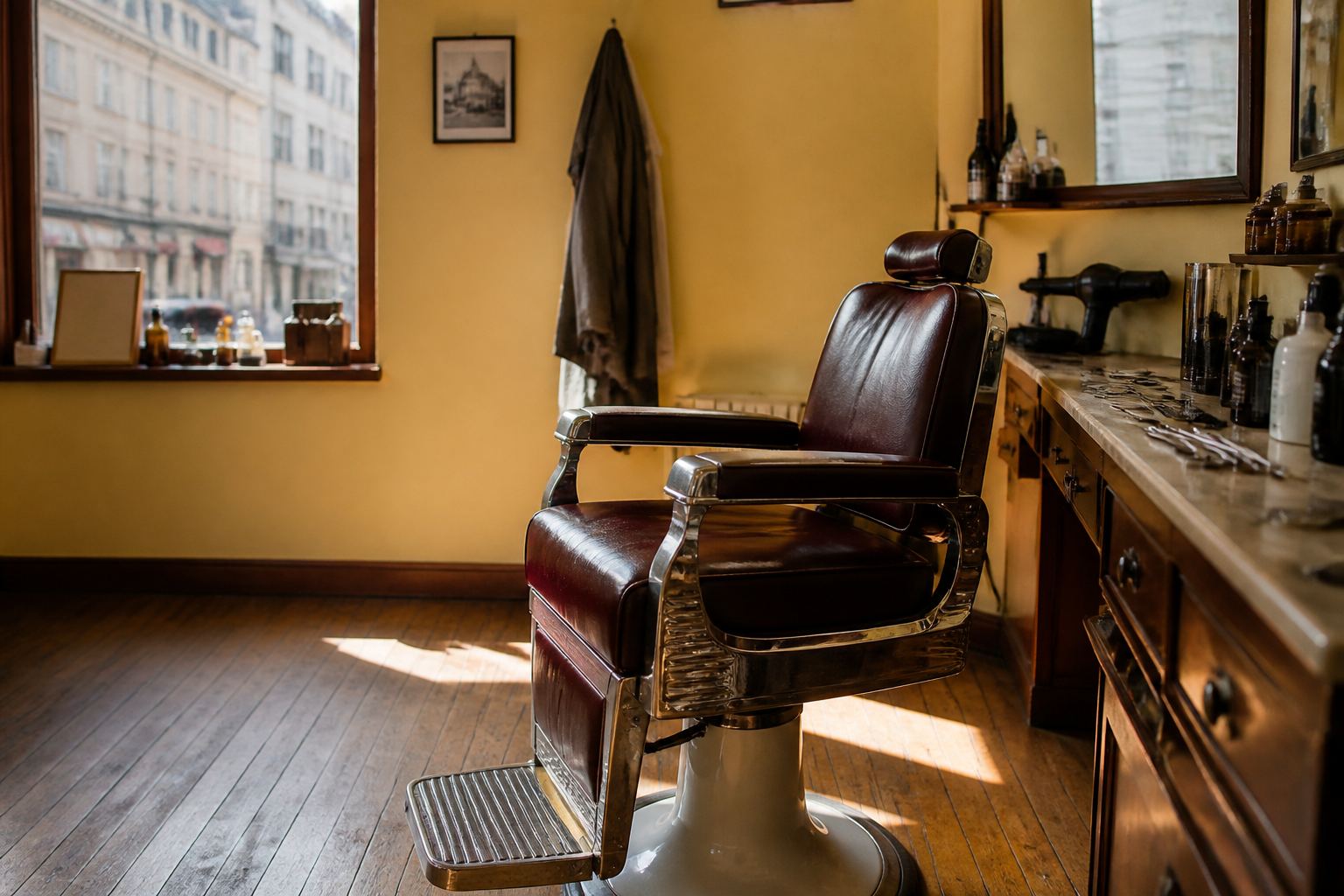 Leather barber chair in morning light by the window