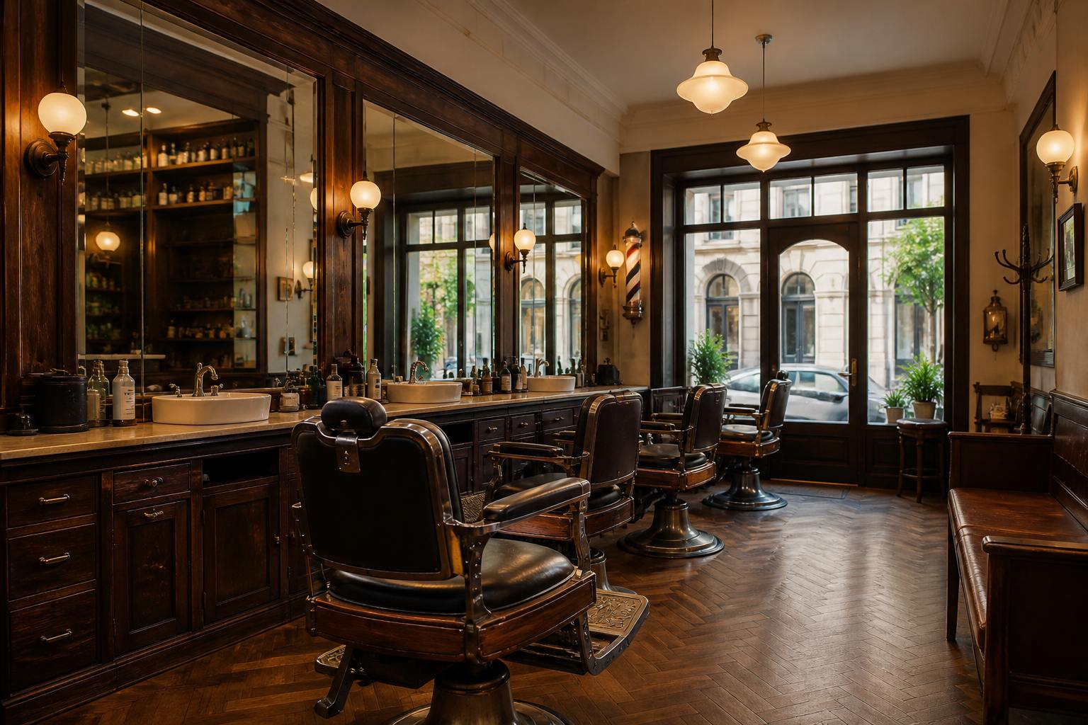 Barber chairs lined along warm mirror bays in the Lyon atelier