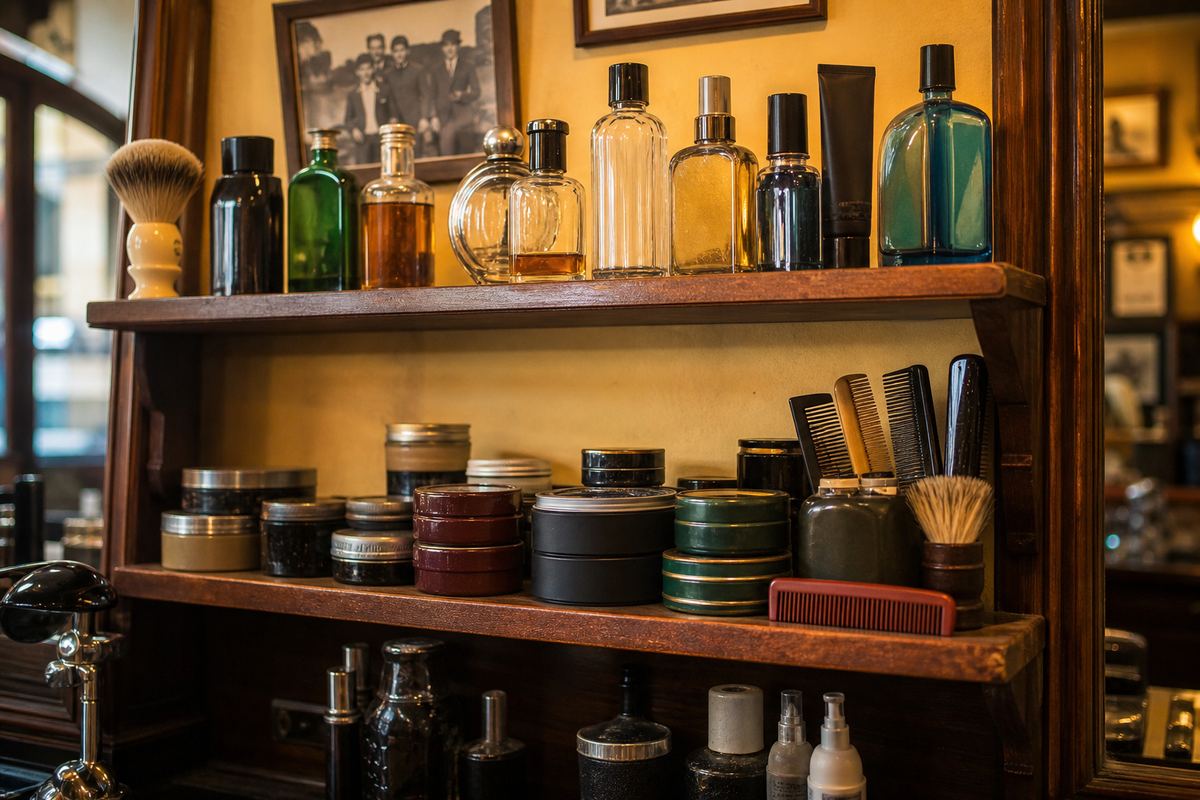 Row of pomades and grooming tins on oak shelving