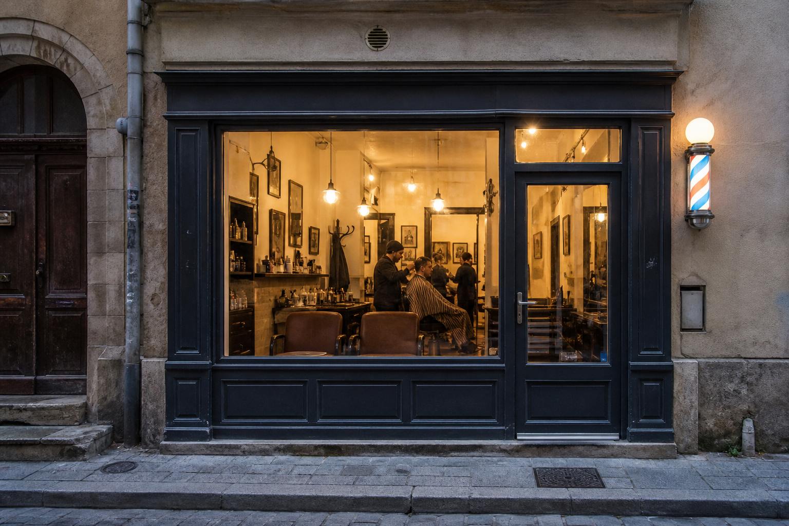 Evening storefront of the barbershop on Rue de la République