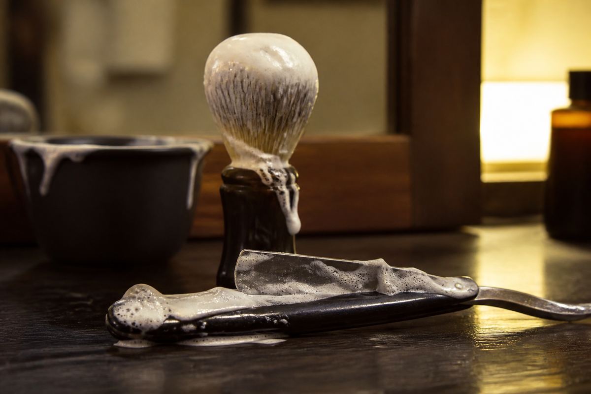 Straight razor and shaving brush with lather