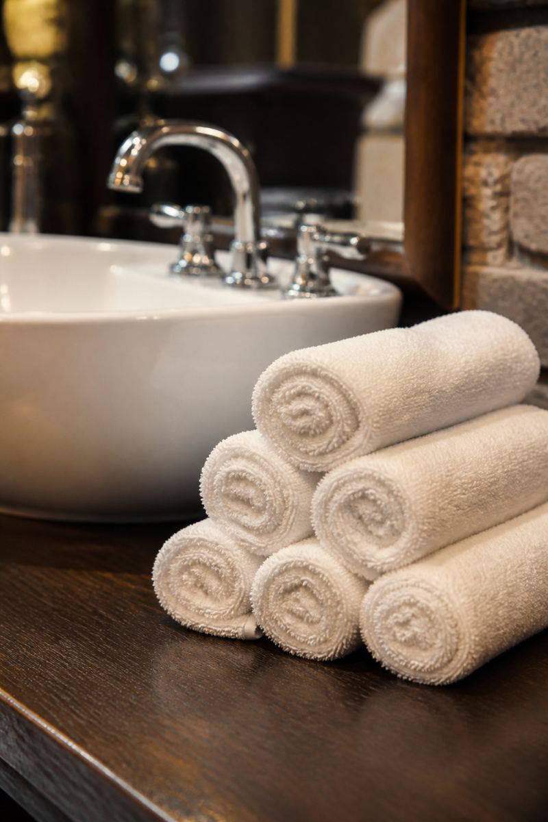 Warm towels stacked beside a barber basin